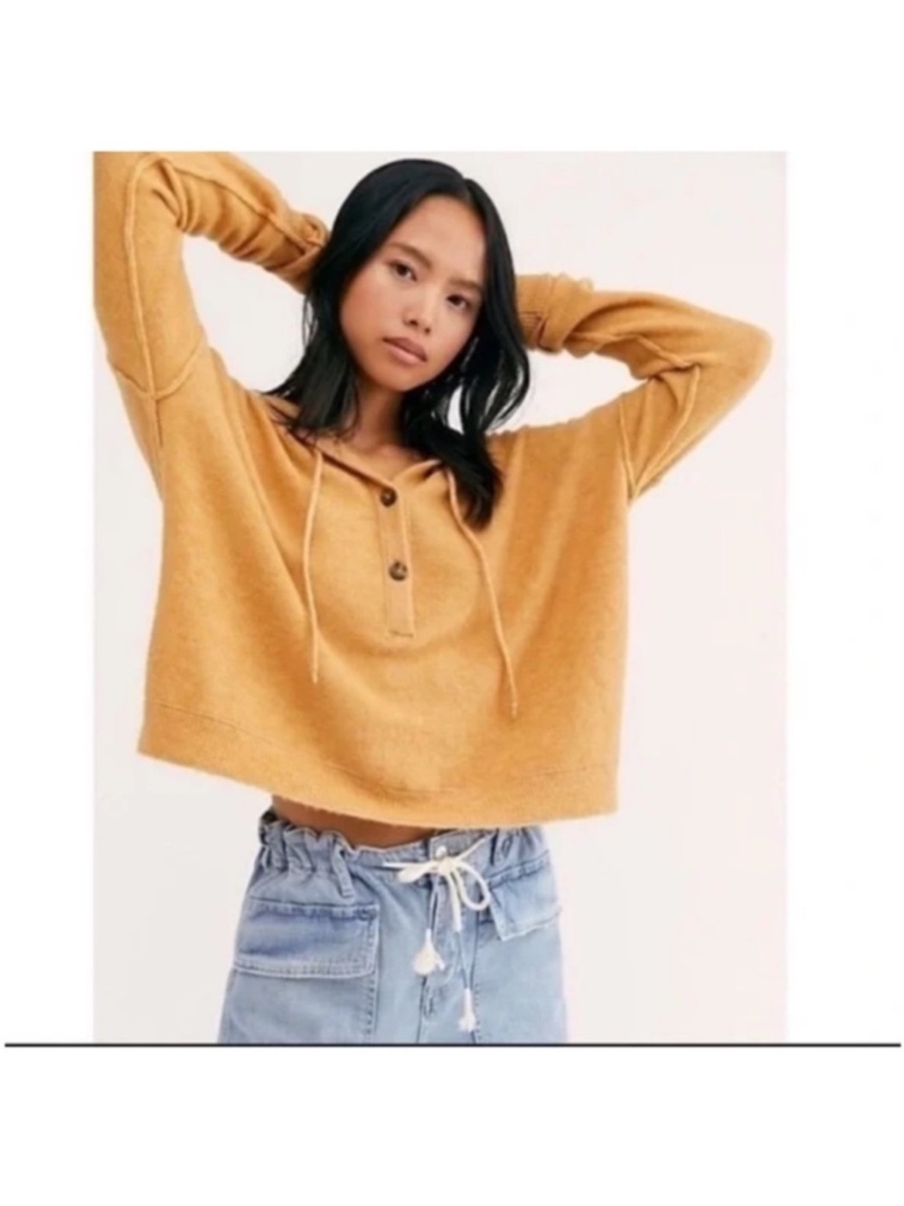 Free People Praline Henley Alpaca Blend Hoodie Sweater Sz S Brown Tan Oversized